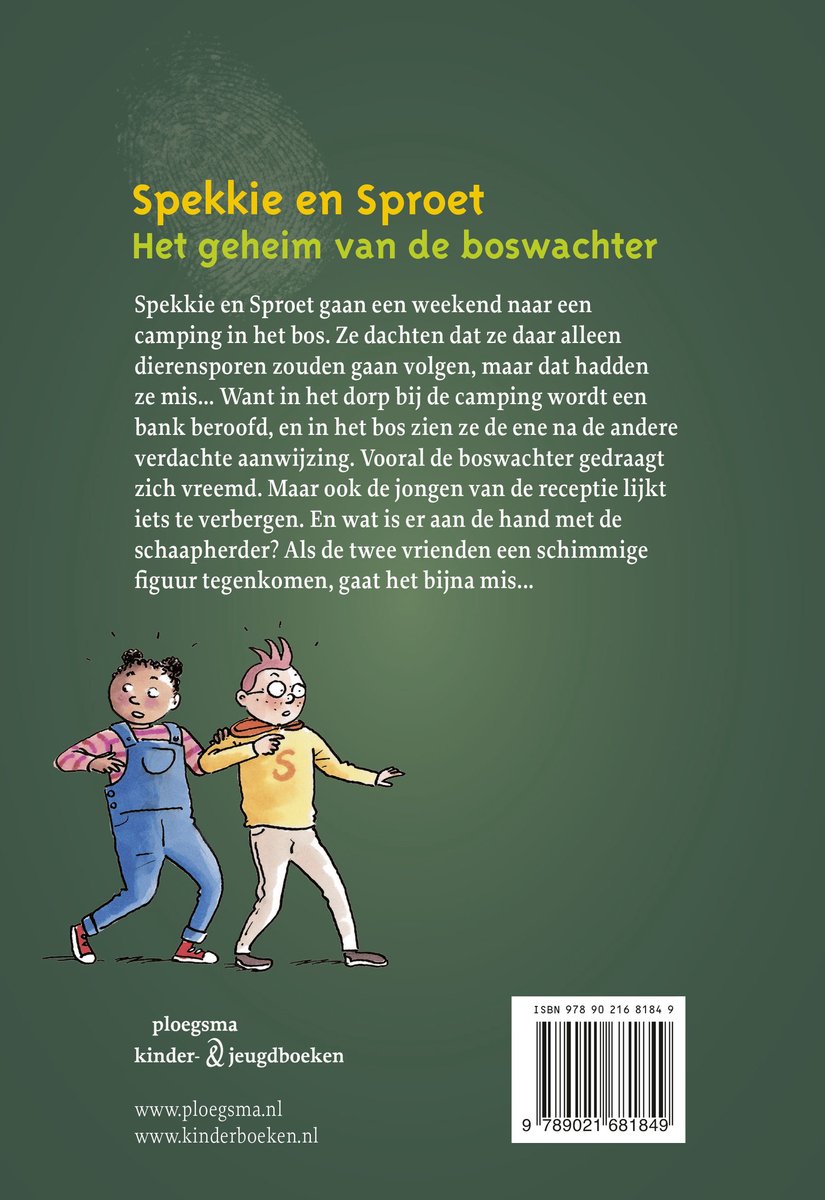Boekomslag: Twee jongens, Spekkie en Sproet, staan op een pad in de natuur. Spekkie draagt een blauwe tuinbroek en Sproet een gele trui. Tekst van het boek is aanwezig.