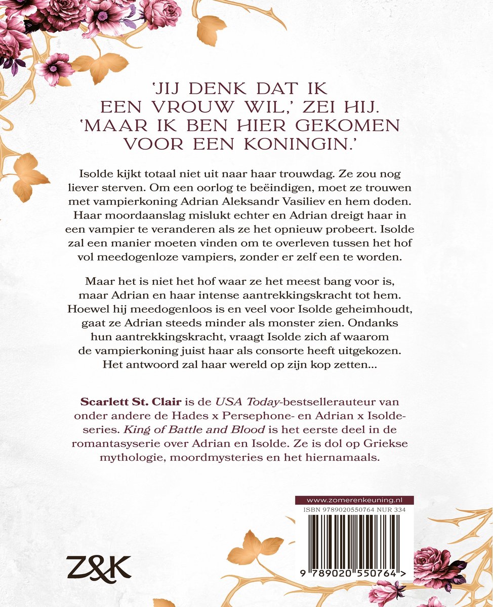 Achterkant van het boek 'King of Battle and Blood' met tekst en bloemendecoratie.