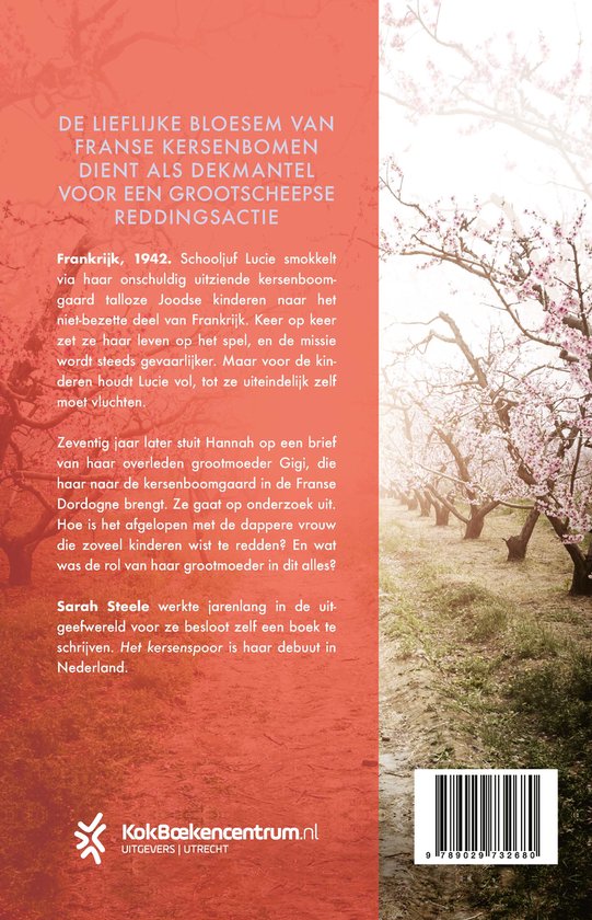 Achterkant boek, titel Het kersenspoor door Sarah Steele.