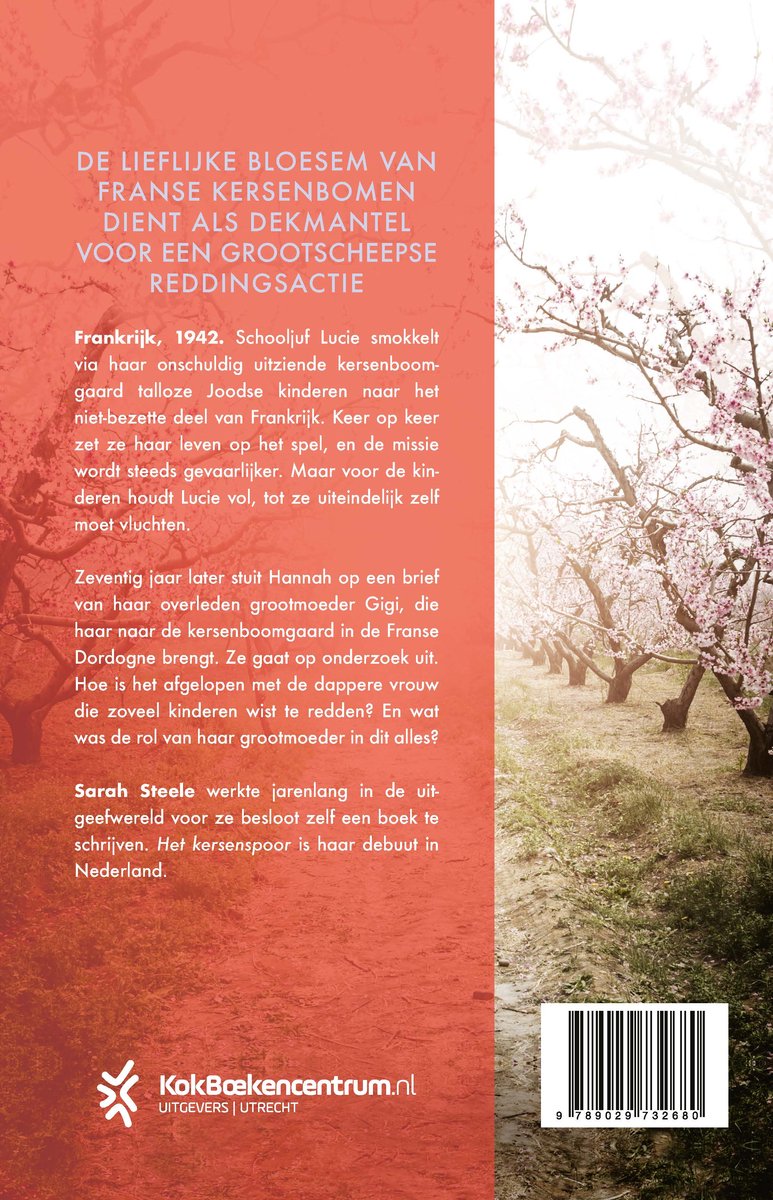 Achterkant boek, titel Het kersenspoor door Sarah Steele.