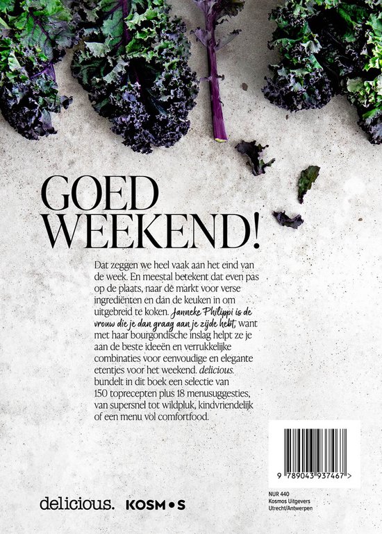 Paarse en groene bladkool op een grijze ondergrond. "GOED WEEKEND!"