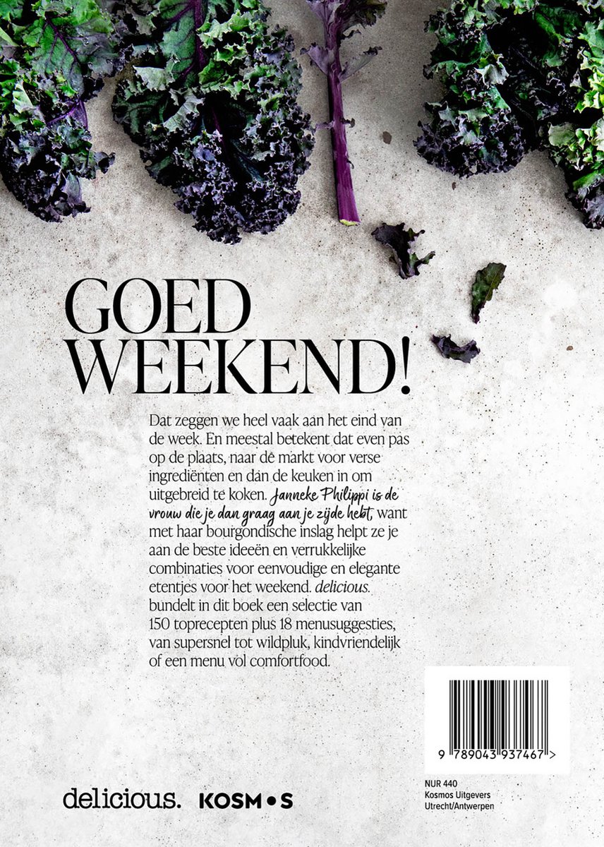 Paarse en groene bladkool op een grijze ondergrond. "GOED WEEKEND!"