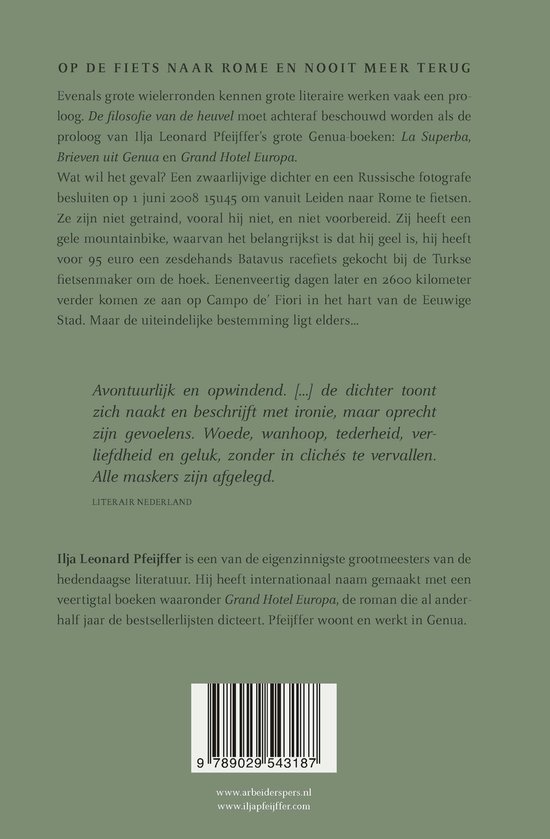 Achterflap van 'De filosofie van de heuvel' met boekbeschrijving en auteurinfo.
