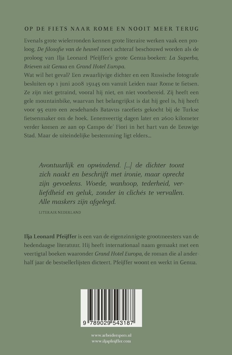 Achterflap van 'De filosofie van de heuvel' met boekbeschrijving en auteurinfo.