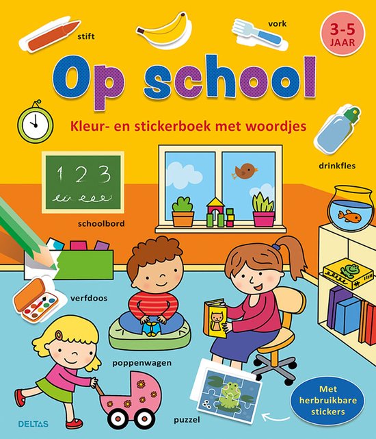 Kleur-en stickerboek met woordjes - Op school (3-5 j.) - cover