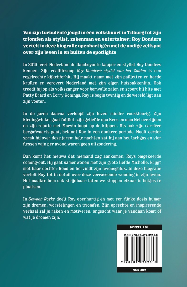 Boek "Gewoon Royke" met tekst over het leven van stylist Roy Donders. Boek cover is mintgroen met tekst en een foto van Roy Donders.
