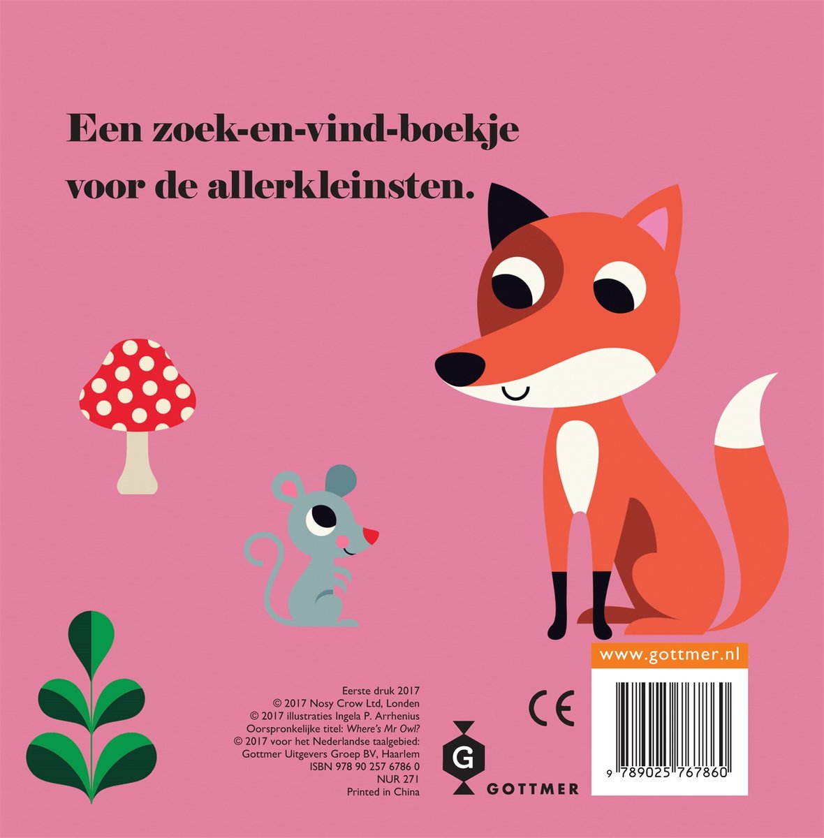 Een rode vos met witte staartpunt en een muisje staan op een roze achtergrond, naast een paddenstoel.