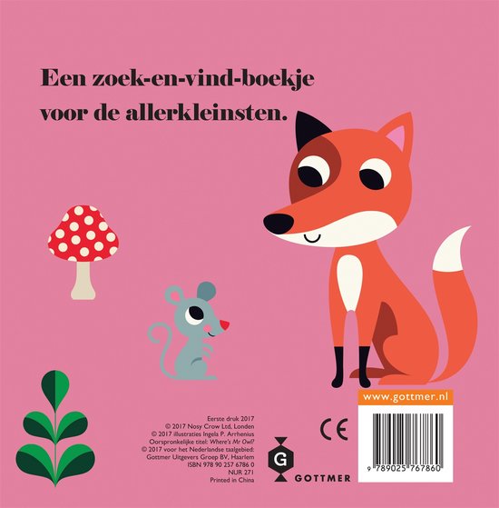 Een rode vos met witte staartpunt en een muisje staan op een roze achtergrond, naast een paddenstoel.