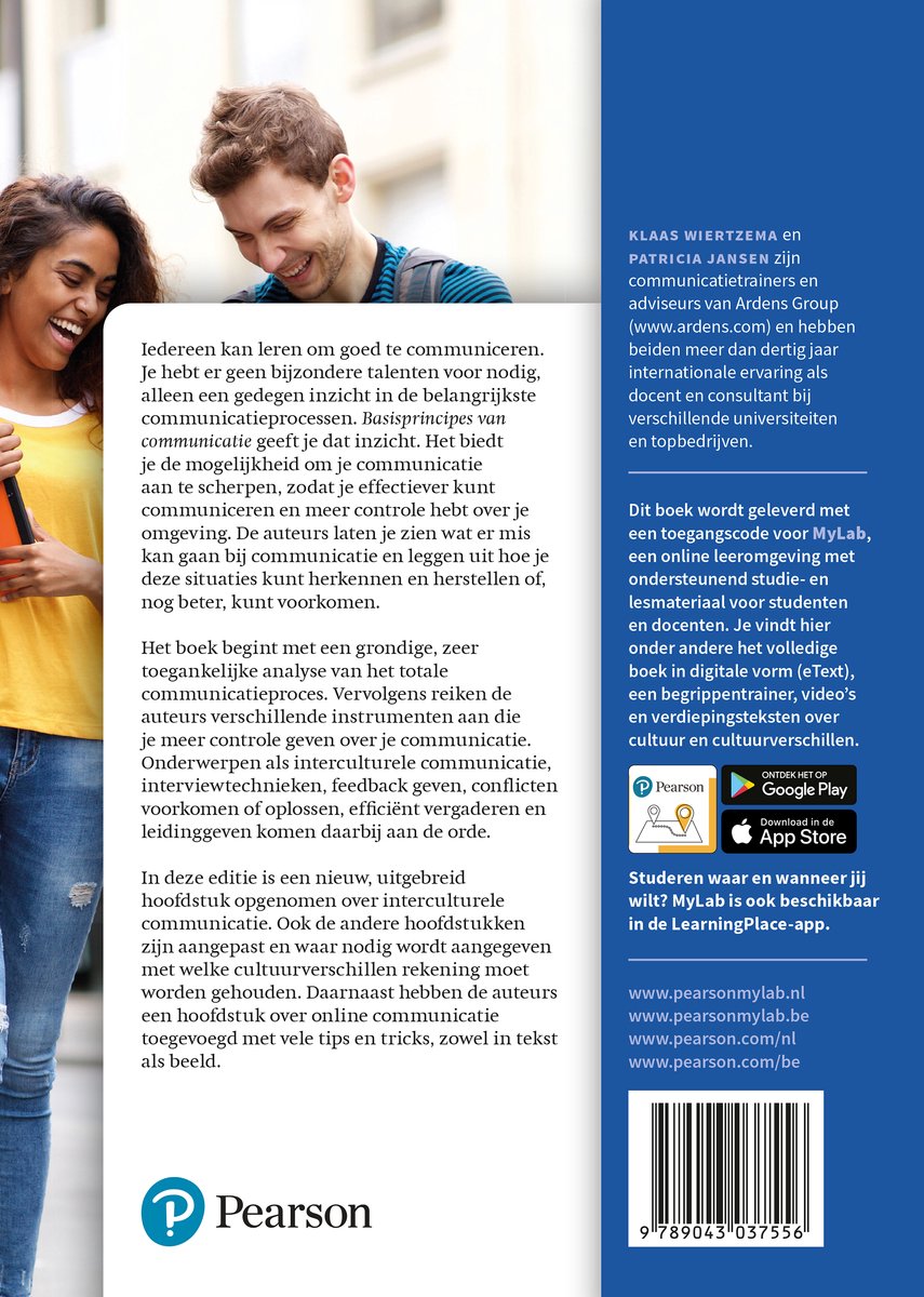 Boekomslag met een man en vrouw die lachen. Tekst: Basisprincipes van communicatie, 5e editie.
