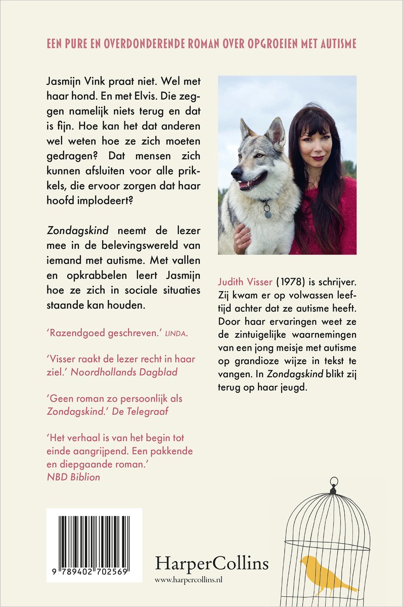 Boekcover met foto van Judith Visser en een wolfshond. Tekst in het roze en zwart.