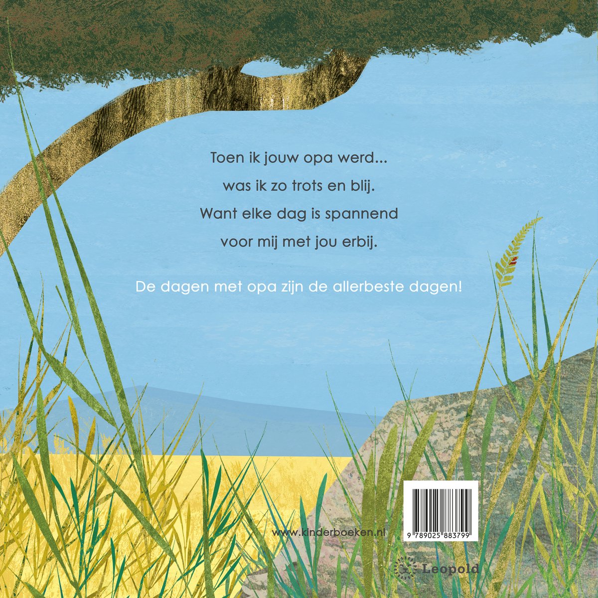 Boekkaft met tekst 'De dagen met opa zijn de allerbeste dagen!', illustratie van gras en een boom.