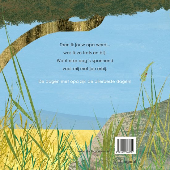 Boekkaft met tekst 'De dagen met opa zijn de allerbeste dagen!', illustratie van gras en een boom.