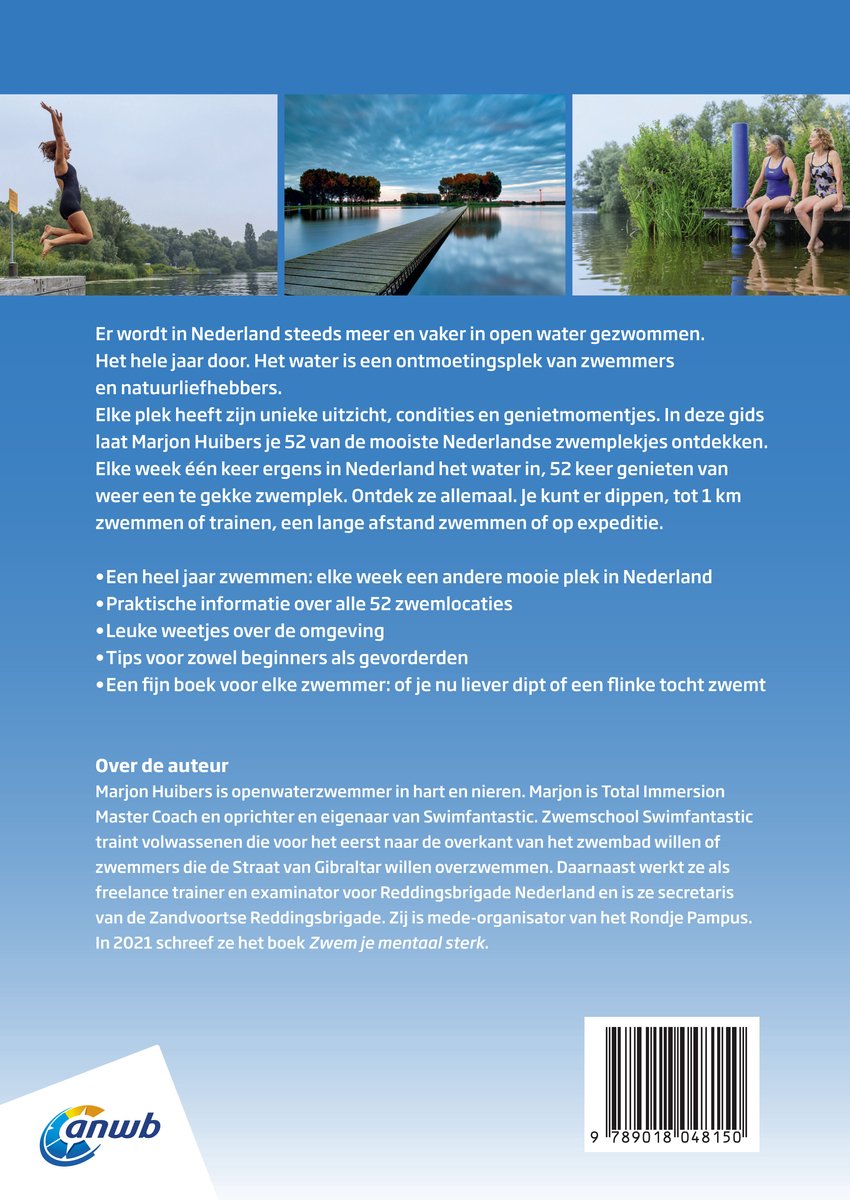 Boek 'Zwemmen in de natuur' met een springende zwemmer, een steiger op het water en een overdekt zwembad. De achterkant bevat tekst over het boek en de auteur.