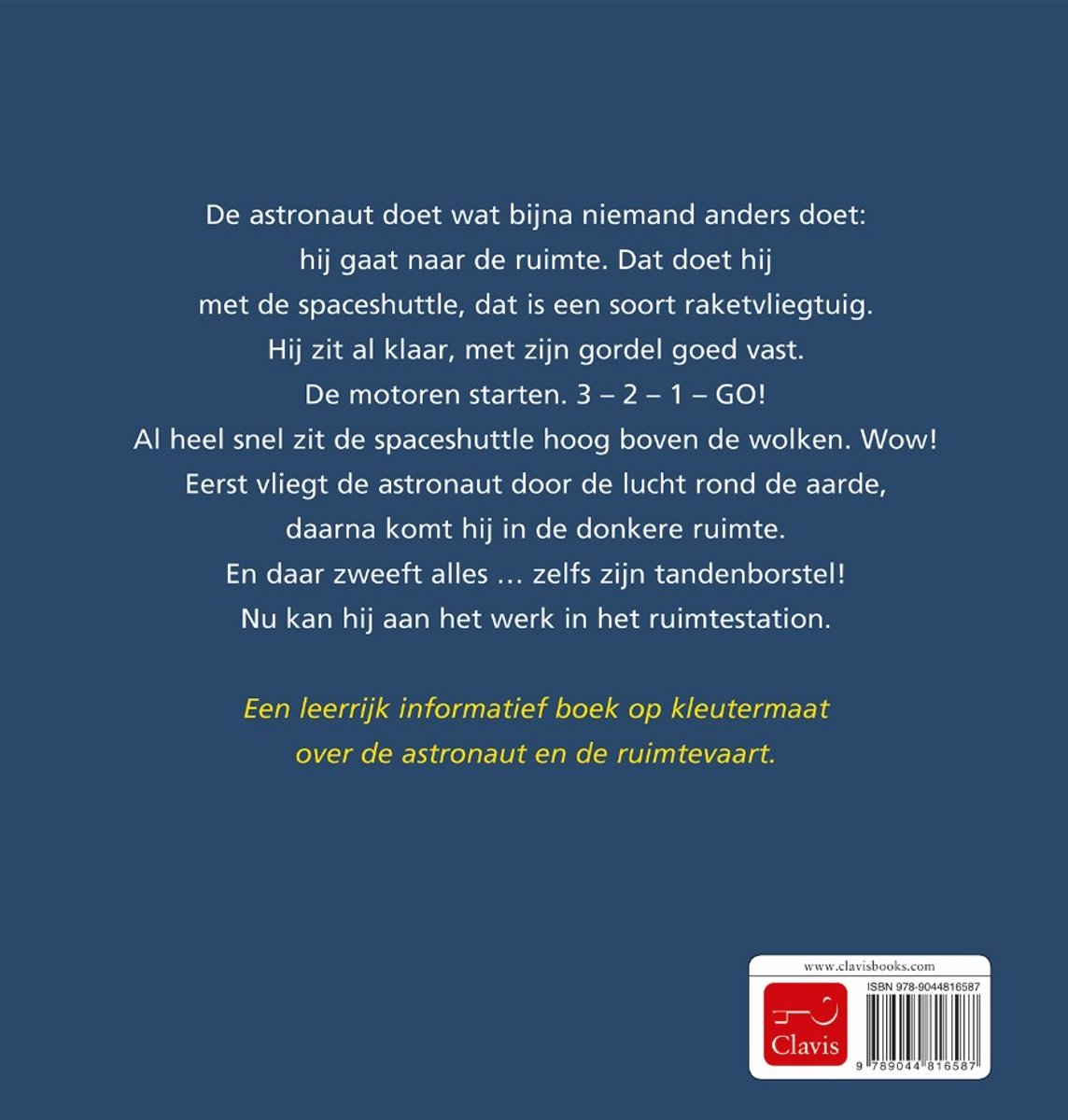 Achterkant van het boek 'De astronaut' met tekst over een reis naar de ruimte, inclusief een raketlancering.