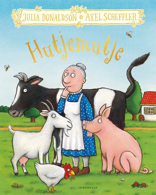 De kaft van "Hutjemutje" toont een oudere vrouw met een koe, geit, varken en kip, met een boerderij op de achtergrond.