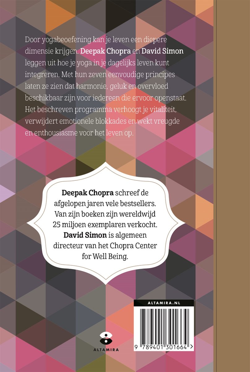 Achterkant van het boek 'De 7 spirituele wetten van yoga' met tekst en een geometrisch patroon.