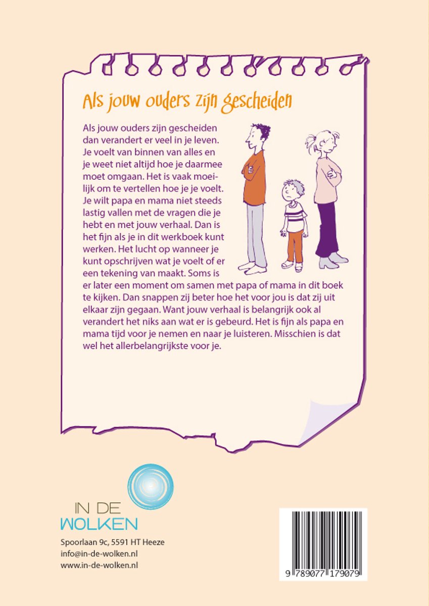 Illustratie van een gezin: vader, moeder en twee kinderen. De tekst 'Als jouw ouders zijn gescheiden' staat bovenaan.