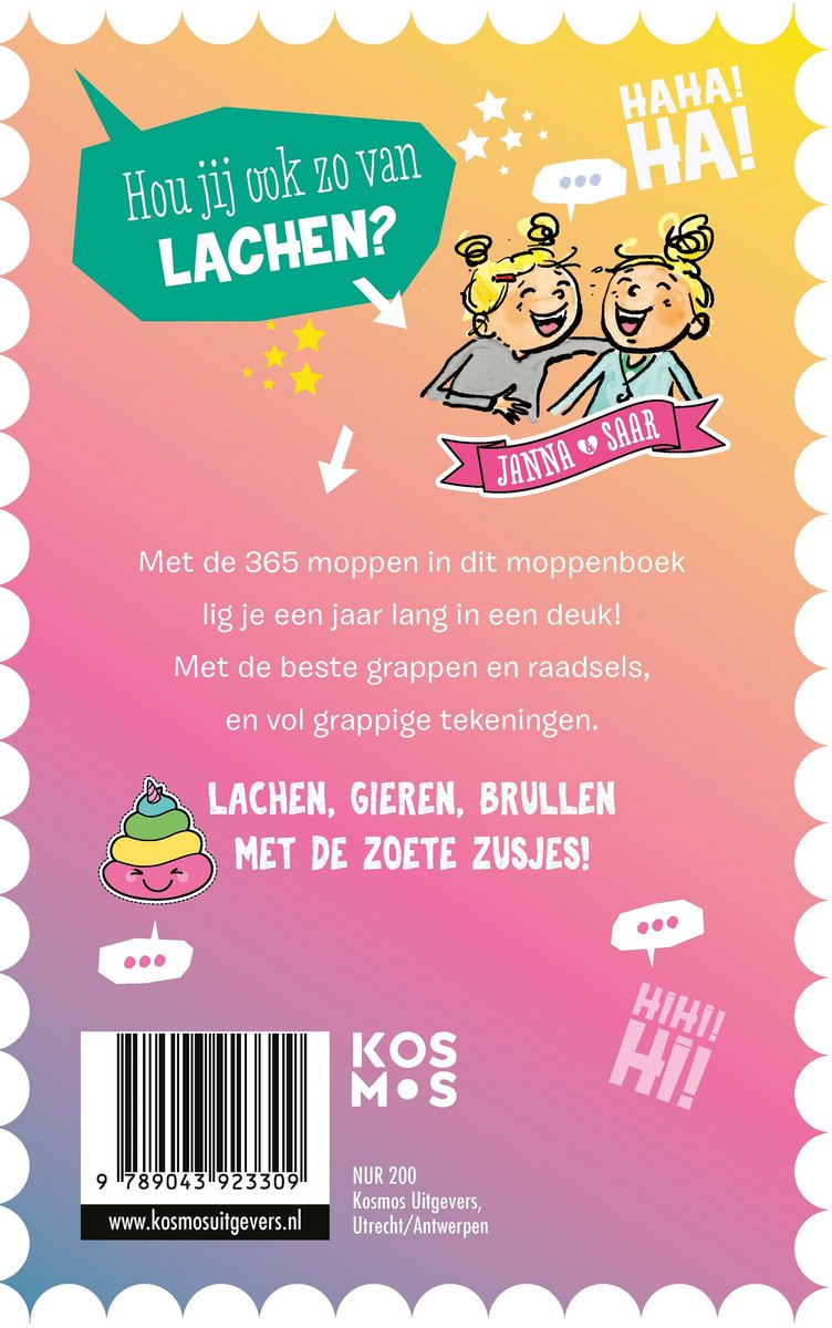 "De Zoete Zusjes Moppenboek" met 365 moppen. Tekst: "Hou jij ook zo van lachen?" en tekening.