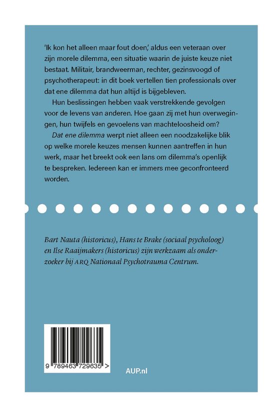 Boekomslag met de titel 'Dat ene dilemma: Persoonlijke verhalen over morele keuzes op de werkvloer'.