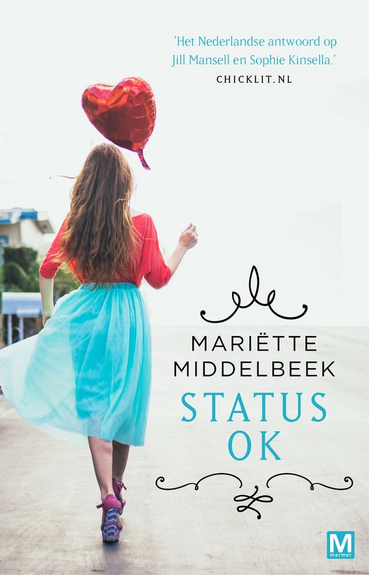 Een vrouw met lang bruin haar in een rode top en blauwe rok, met een rood hartvormig 'Status OK' ballon.