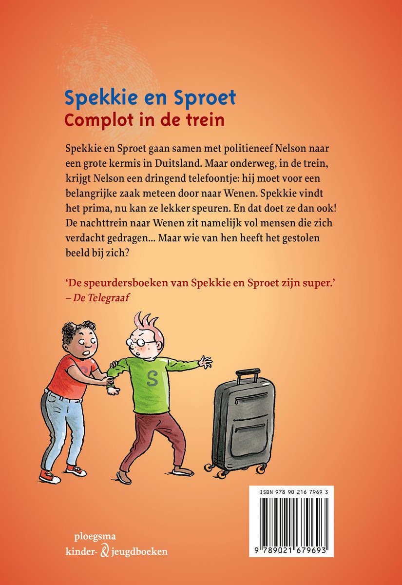 Achterkant van boek 'Spekkie en Sproet: Complot in de trein' met illustratie van de speurders en een koffer.