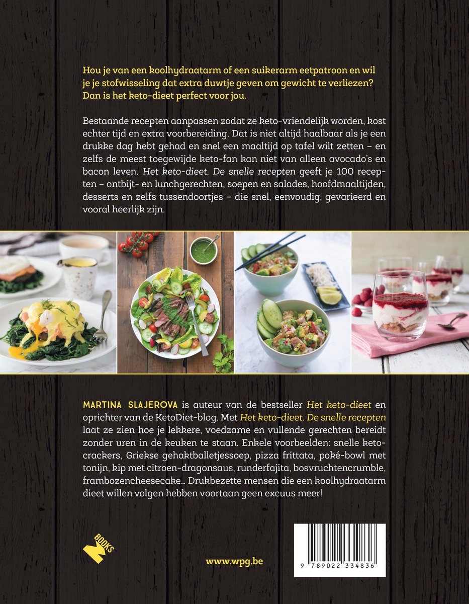 Achterkant van boek: 'Het keto-dieet: de snelle recepten' met receptfoto's van gerechten, auteur Martina Slajerova.