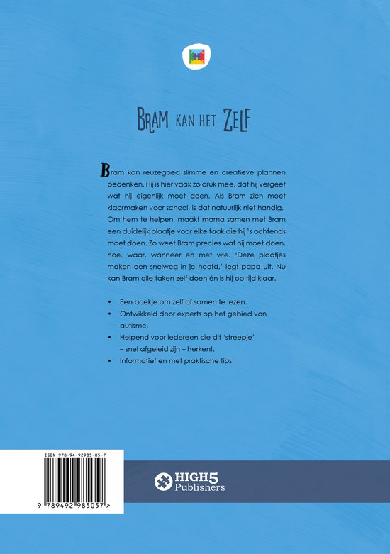 Achterkant van het boek 'Bram kan het Zelf', met een korte beschrijving van de inhoud en de ISBN-code.