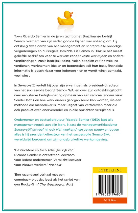 Boekomslag met de titel "Semco-stijl". Een gele badeend op een witte achtergrond.
