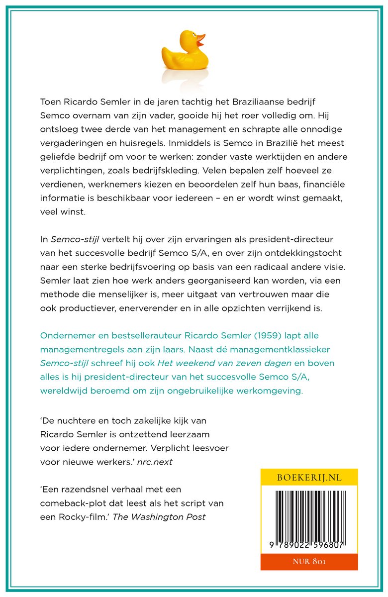 Boekomslag met de titel "Semco-stijl". Een gele badeend op een witte achtergrond.