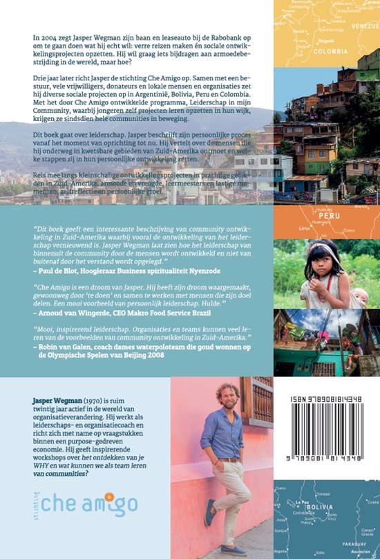 Achterkant van 'Leiderschap in mijn Community' boek met Jasper Wegman op de voorgrond en een samenvatting van de inhoud.