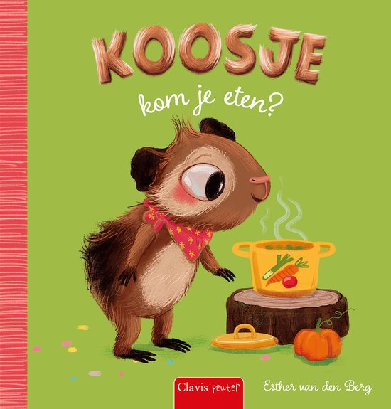 Een konijntje met een bandana staat naast een pot met eten.