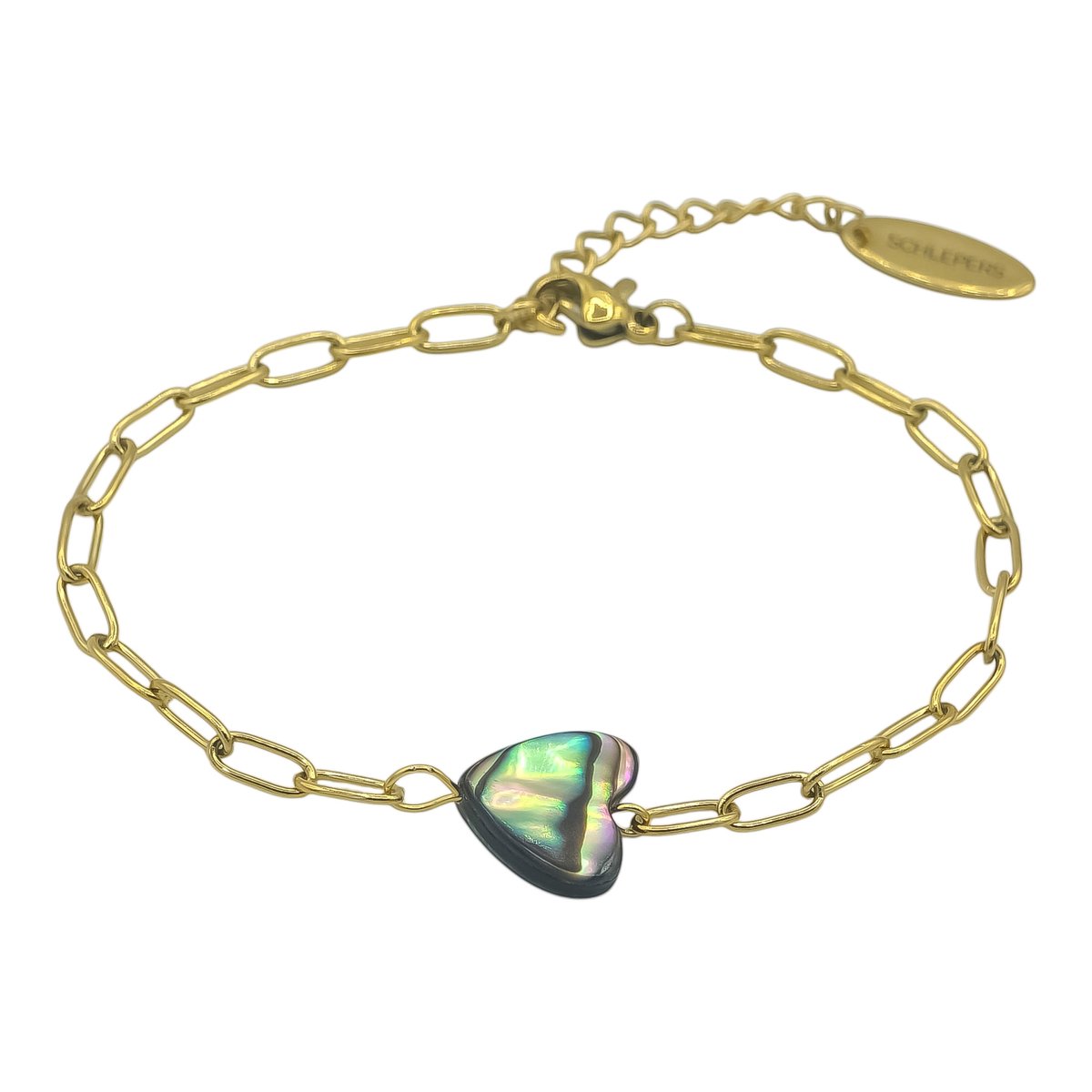 Goldplated Dames Armband met hart bedel van echte zeeoor schelp - Goudkleurige Schakelarmband verguld - 17 + 3 cm