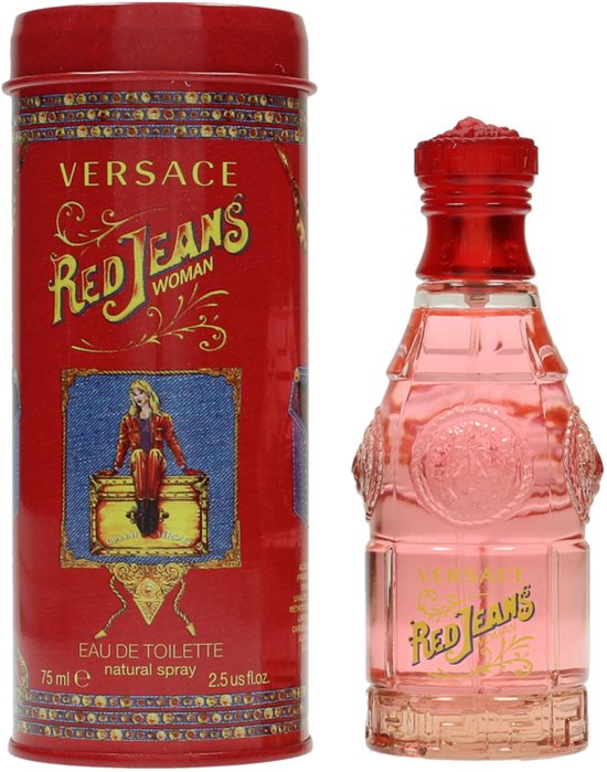Versace Red Jeans Woman eau de toilette flesje met rode dop, naast de rode metalen verpakking.