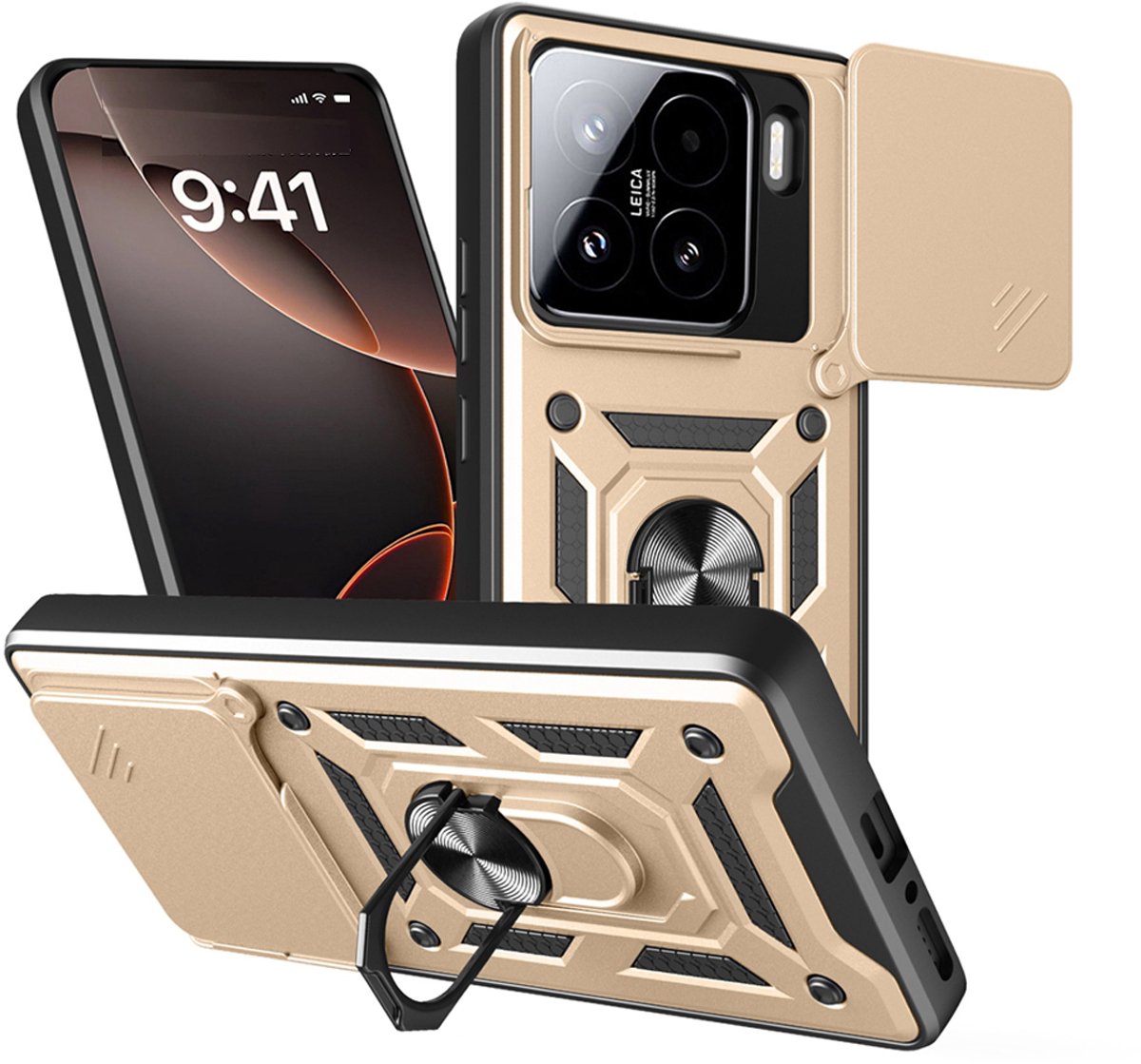 MobyDefend Hoesje - Geschikt voor Xiaomi 15 - Pantsercase Met Draaibare Ring - Goud