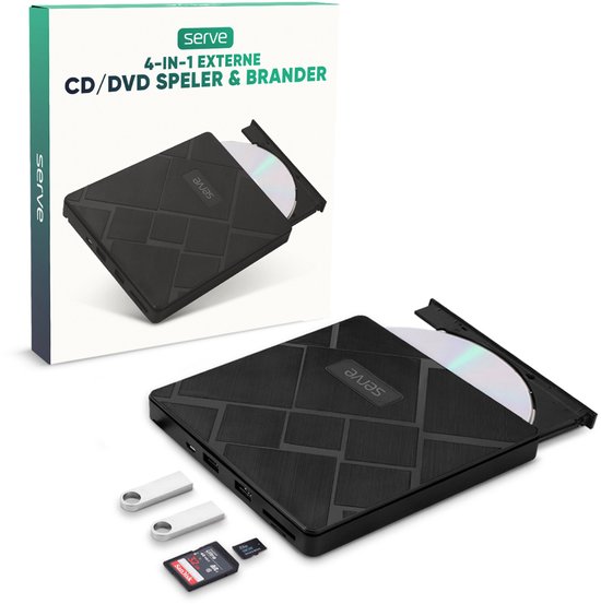 Zwarte Serve CD/DVD-speler met gestreept patroon, met een cd erin. Productverpakking en speler worden getoond.
