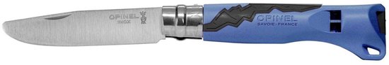 Blauw Opinel zakmes met een zwart zigzaggend patroon op het handvat. Het mes is opengeklapt.