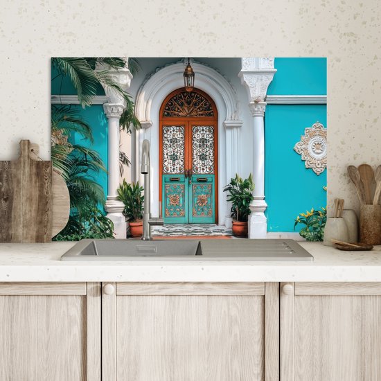 Crédence de Cuisinière en Aluminium 70x50 cm - Colonnes - Décoratives - Porte - Bleu - Écran Pare-éclaboussures pour Plaque de Cuisson - Protection Murale