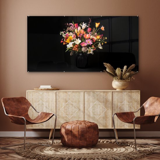 MuchoWow® Glasschilderij 160x80 cm - Schilderij acrylglas - Vaas - Bloemen - Tulpen - Foto op glas - Muurdecoratie woonkamer - Wanddecoratie slaapkamer - Schilderijen