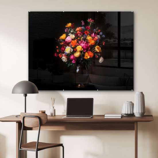 MuchoWow® Peinture sur verre 120x90 cm - Peinture acrylique sur verre - Colorée - Bouquet - Vase - Brun foncé - Photo sur verre - Décoration murale salon - Décoration murale chambre - Peintures
