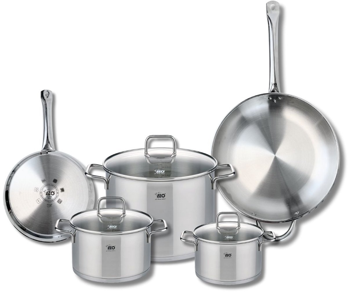 Set van 2 Koekenpannen 24 en 32 cm en 3 kookpotten 16, 20 en 26 cm Elo Profi Citrin