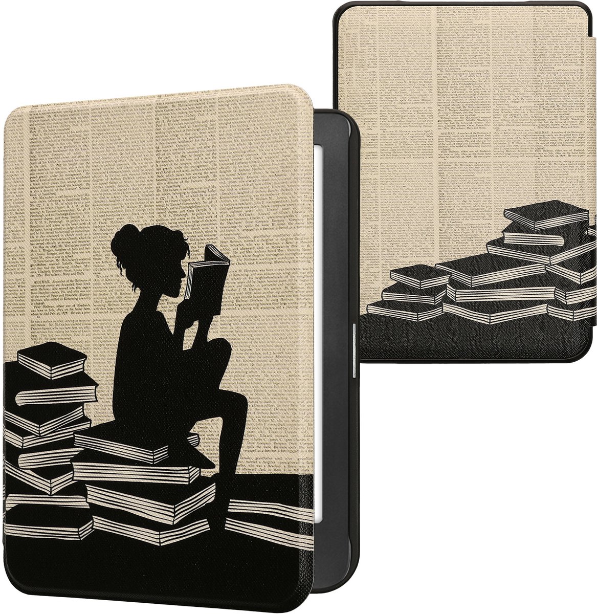 kwmobile e-reader hoesje geschikt voor Kobo Clara HD hoes - E reader flip case met magnetische sluiting - Ereader cover - Meisje met boeken design in zwart / beige