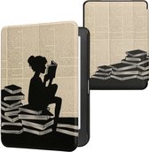 Étui kwmobile pour liseuse Kobo Clara HD - Étui à rabat avec fermeture magnétique - Housse pour liseuse - Motif fille avec des livres en noir/beige