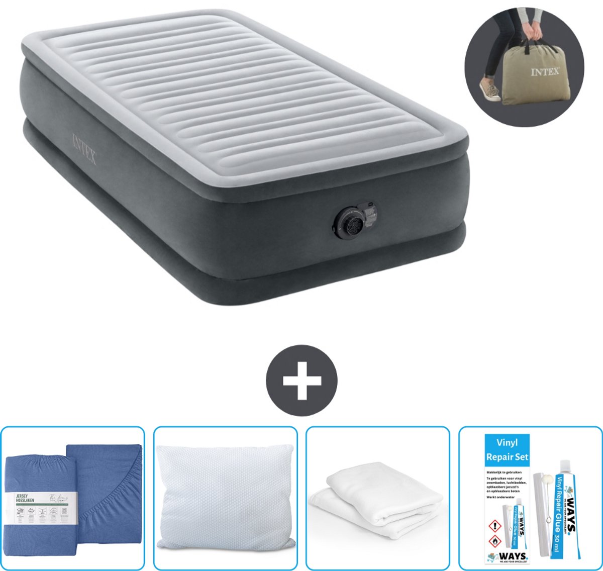 Intex Luchtbed - 1-Persoons - 99 x 191 x 46 cm - Grijs - Inclusief pomp - Hoeslaken - Kussen - Reparatieset en Kussenbeschermer