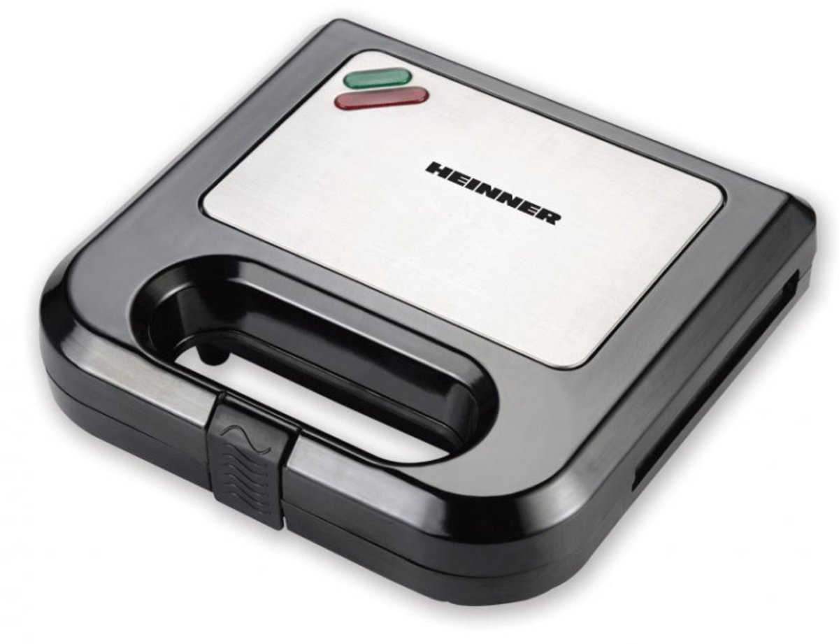Heinner Sandwichmaker – 750 W – 2 Sandwiches – Antiaanbakplaten – Power- en Ready-indicatielampjes – Vergrendelbare Handgreep – Zwart/RVS