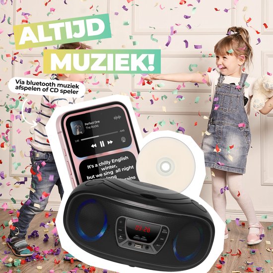 Denver Draagbare Radio CD Speler Kinderen - Bluetooth - Lichteffecten - Boombox - AUX - FM - TCL212BT - Grijs