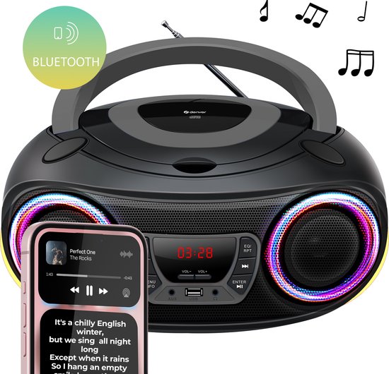 Denver Draagbare Radio CD Speler Kinderen - Bluetooth - Lichteffecten - Boombox - AUX - FM - TCL212BT - Grijs