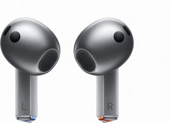 Grijze Samsung Galaxy Buds3 oordopjes, met 'L' en 'R' markeringen.
