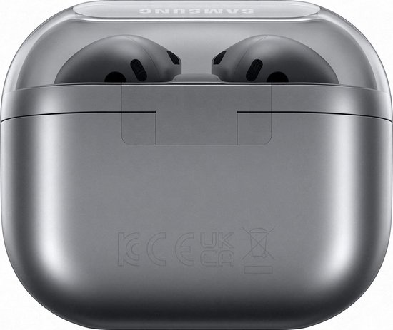 Grijze Samsung Galaxy Buds3 oordopjes in een transparant grijs laadstation.