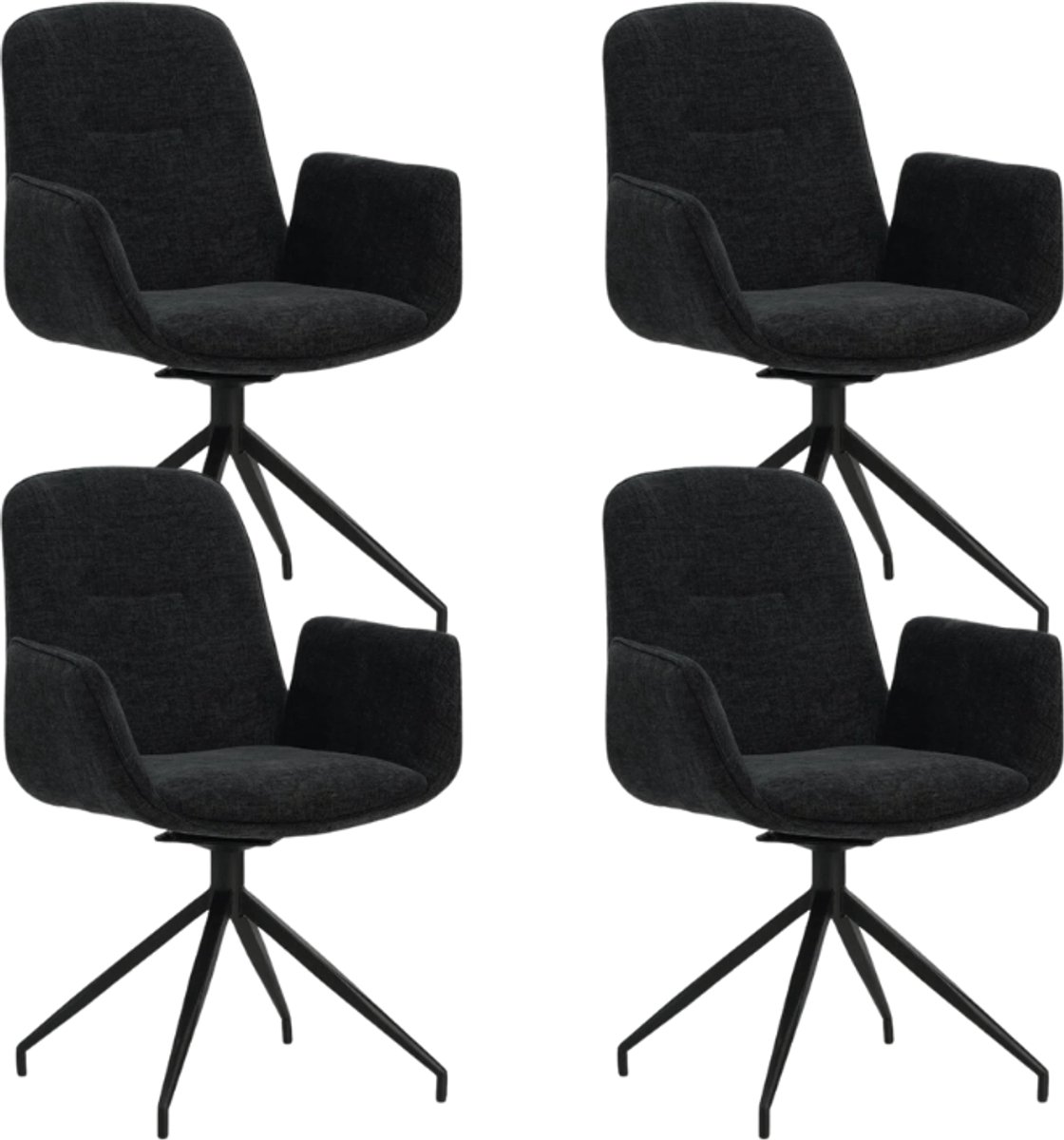 Dimehouse Set van 4 Draaibare Eetkamerstoelen Nela Chenille Zwart - Met Armleuningen - Chenille - Design