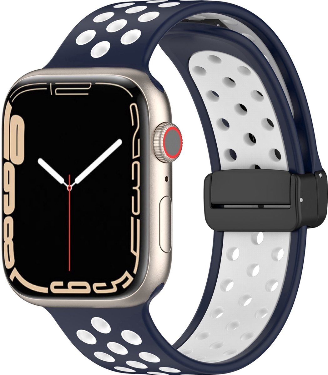 Mobigear Siliconen Watch bandje geschikt voor Apple Watch Bandje Magneetsluiting | Mobigear Sport Plus Mag - 42/41/40/38 mm - Wit / Marineblauw